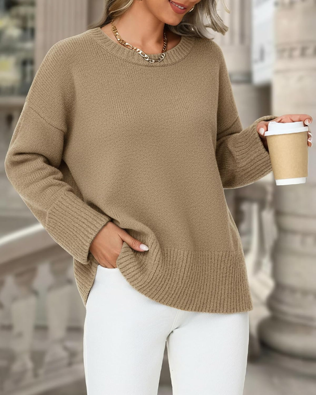 Women Oversized Sweater Casual Fuzzy Chunky Knit Pullover Long Sleeve Crew Neck Loose Sweater Warm Fall Winter Top