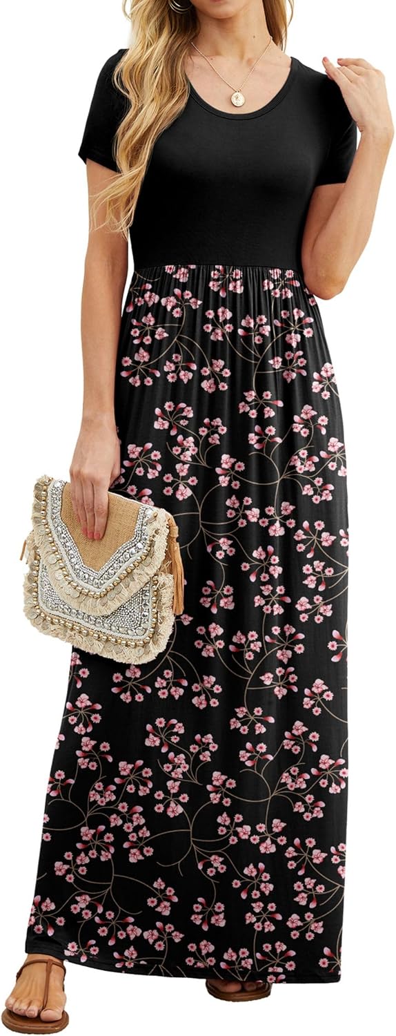 Women's Short Sleeve Maxi Dresses Casual Long Dresses with Pockets