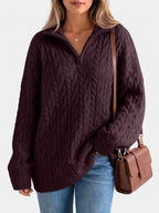 Women Oversized Chunky Cable Knit Quarter Zip Pullover Sweater