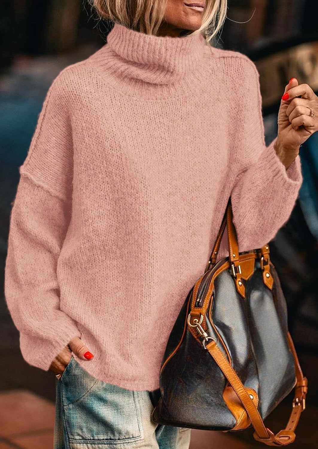 Womens Turtleneck Long Sleeve Sweater  Fall Trendy Loose Fit Knit Tops Oversized Pullover Sweaters