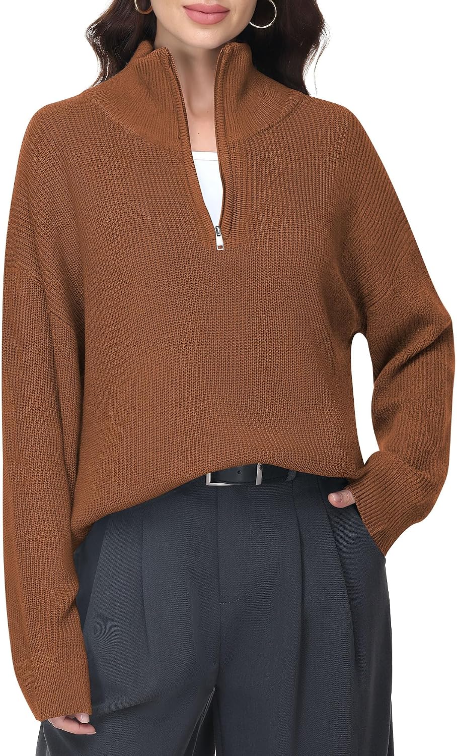 Women Quarter Zip Sweater Oversized Collared Ribbed Knit Pullover Long Sleeve V Neck Casual Jumper Fall Fashion Top