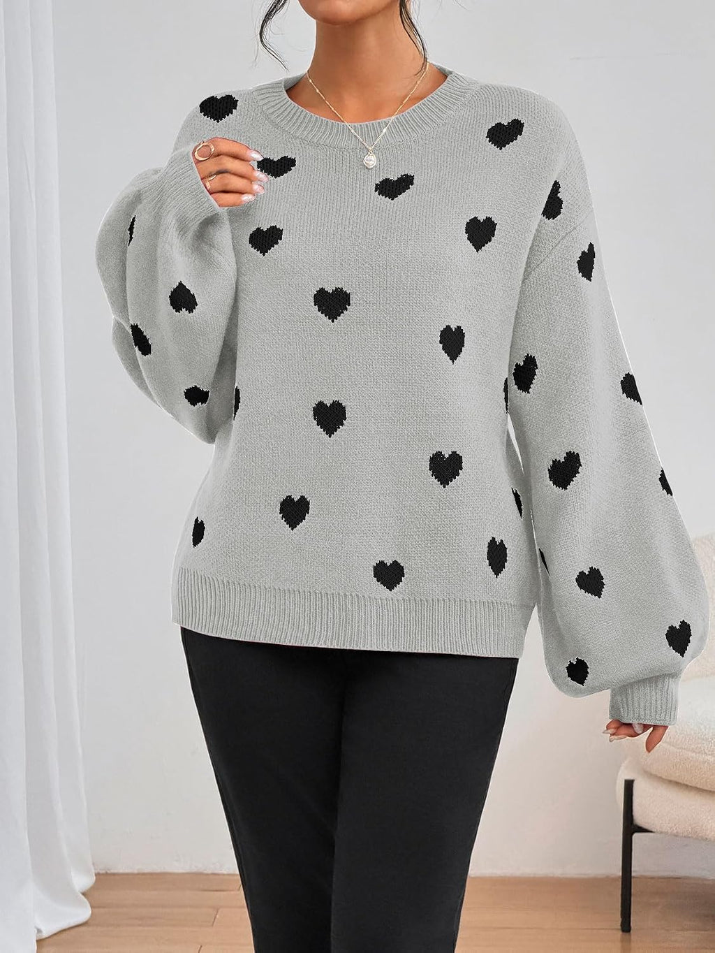 Womens Oversized Sweaters Cute Heart Print Lantern Sleeve Sweater