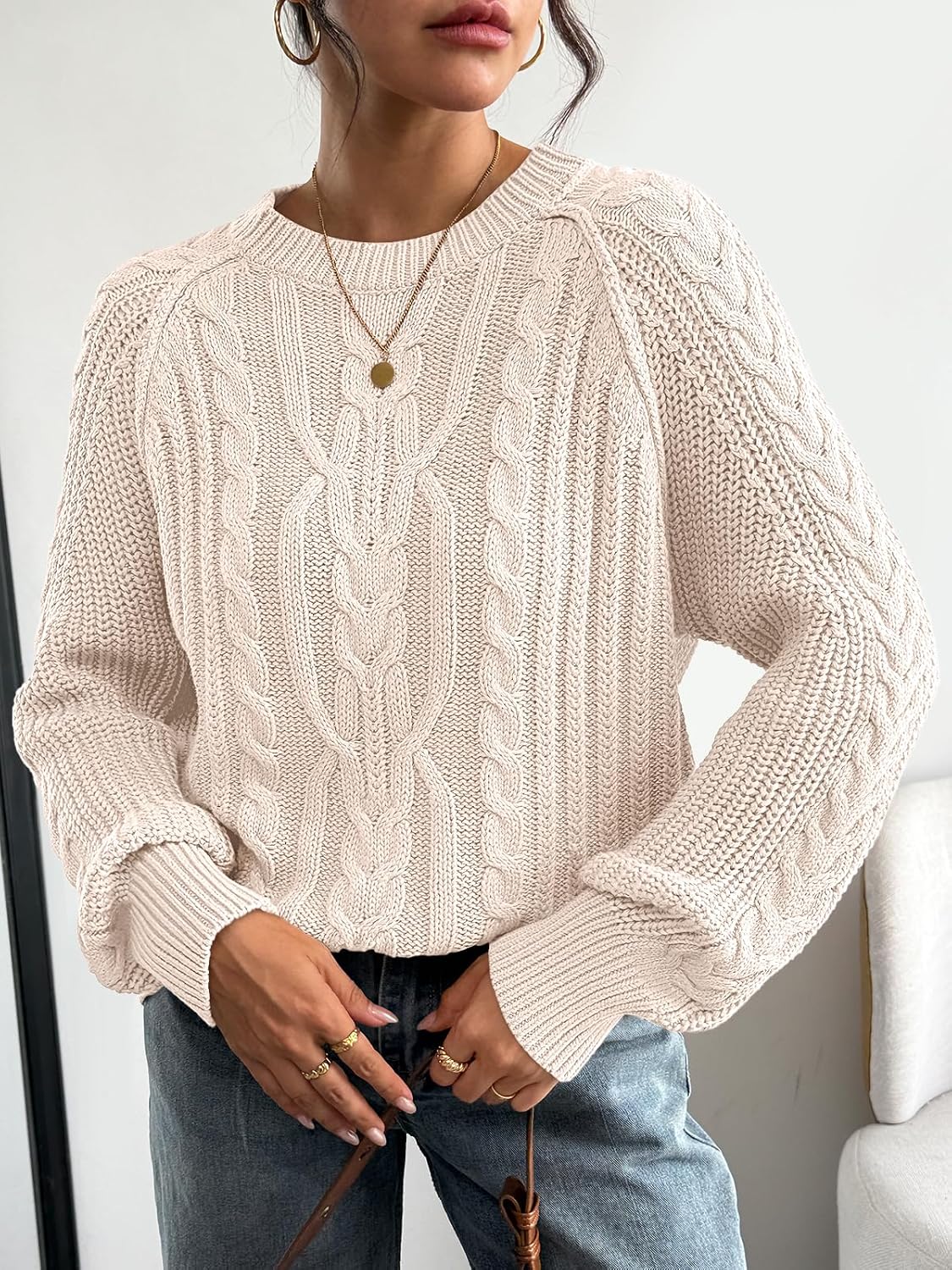 Women's Oversized Cable Knit Crewneck Fall Pullover Sweaters