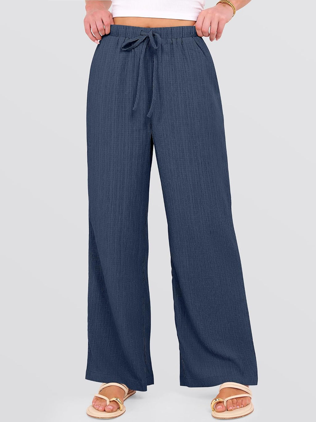 Women's Wide Leg Beach Pants Elastic Waist Lightweight Casual Flowy Palazzo Lounge Trousers with Pockets