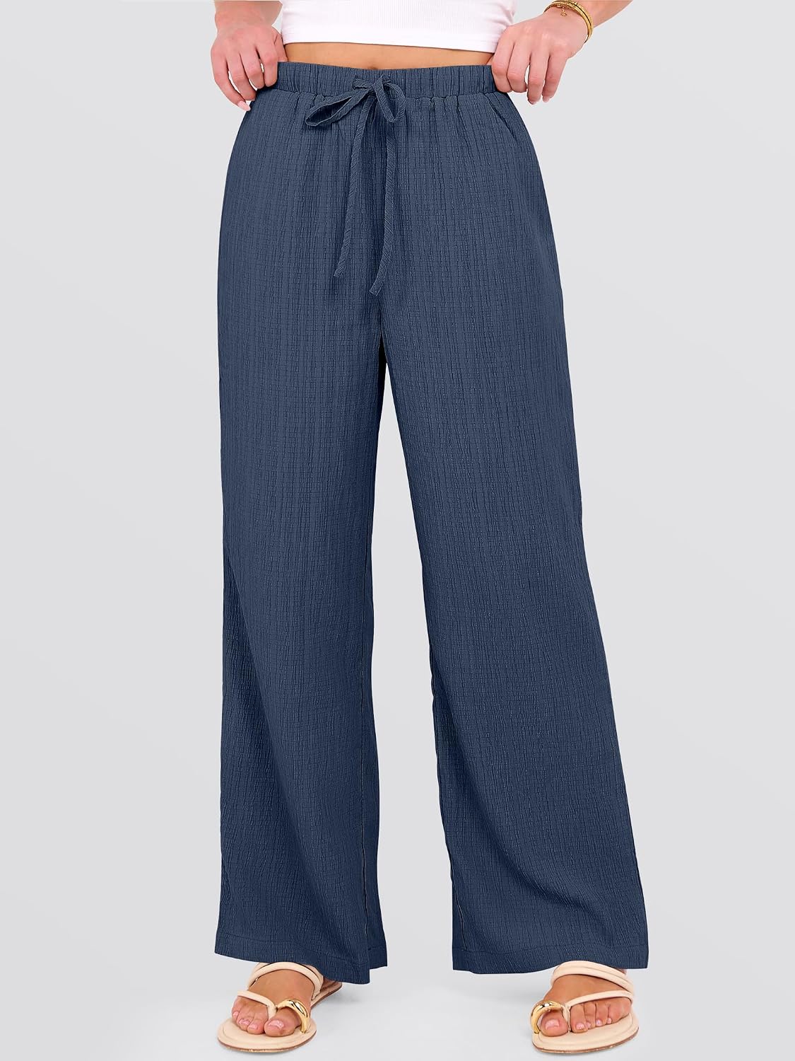 Women's Wide Leg Beach Pants Elastic Waist Lightweight Casual Flowy Palazzo Lounge Trousers with Pockets