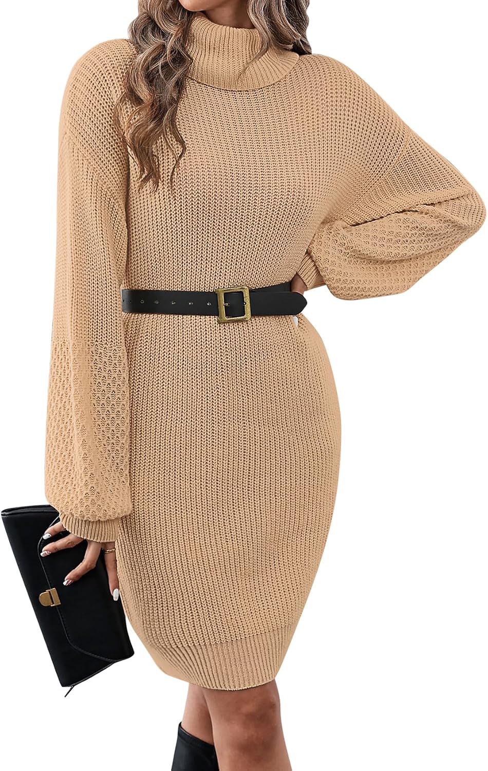 Women's Turtleneck Textured Lantern Sleeve Ribbed Knit Mini Dress Pullover Oversized Sweater Dresses S-XL