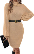 Women's Turtleneck Textured Lantern Sleeve Ribbed Knit Mini Dress Pullover Oversized Sweater Dresses S-XL