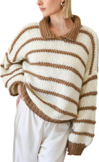 Womens Striped Sweater Crewneck Drop Shoulder Long Balloon Sleeve Oversized Knit Pullover