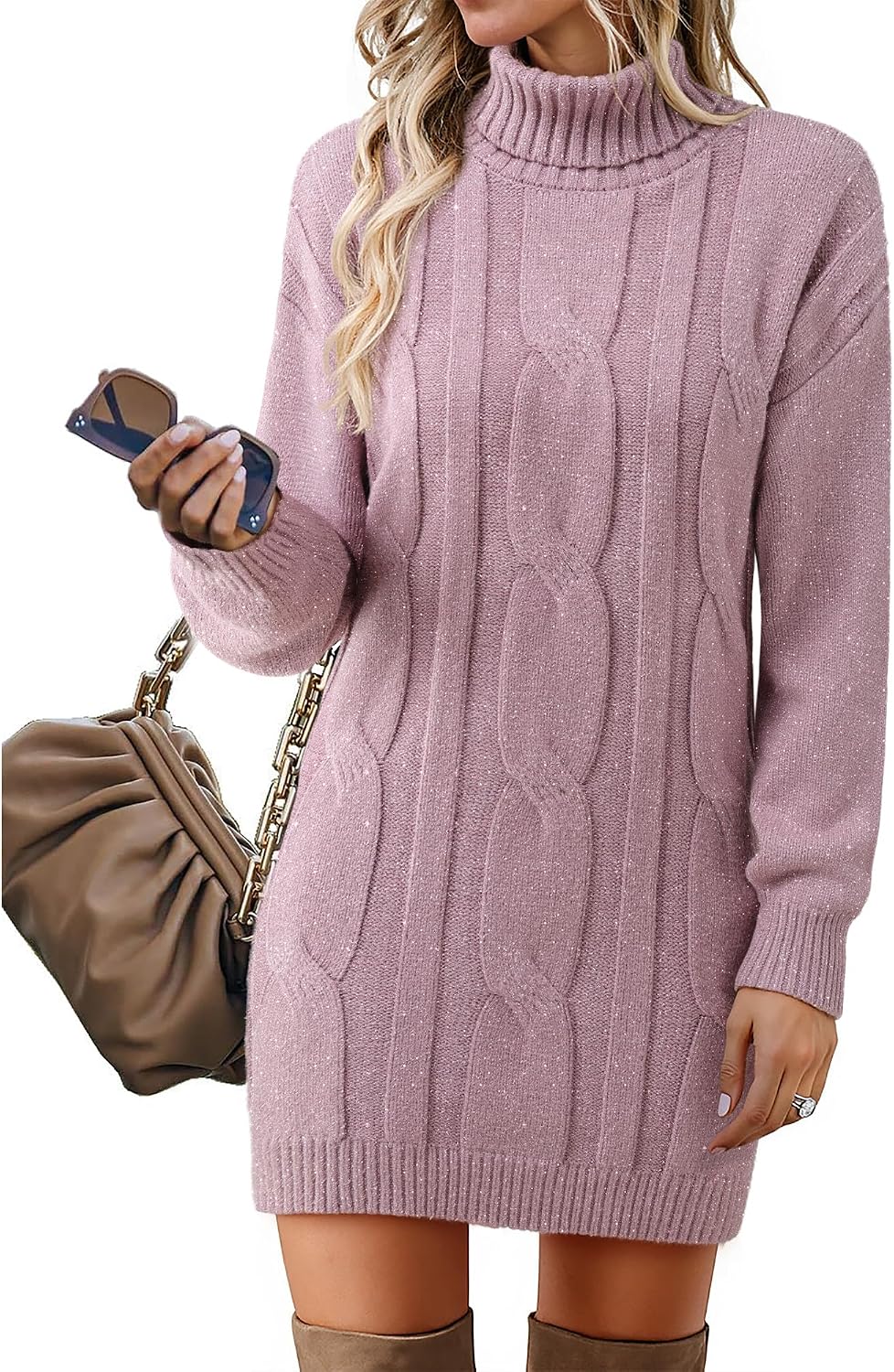 Womens Long Sleeve Turtleneck Sweater Dresses Ribbed Knit Stretchy Midi Casual Dress