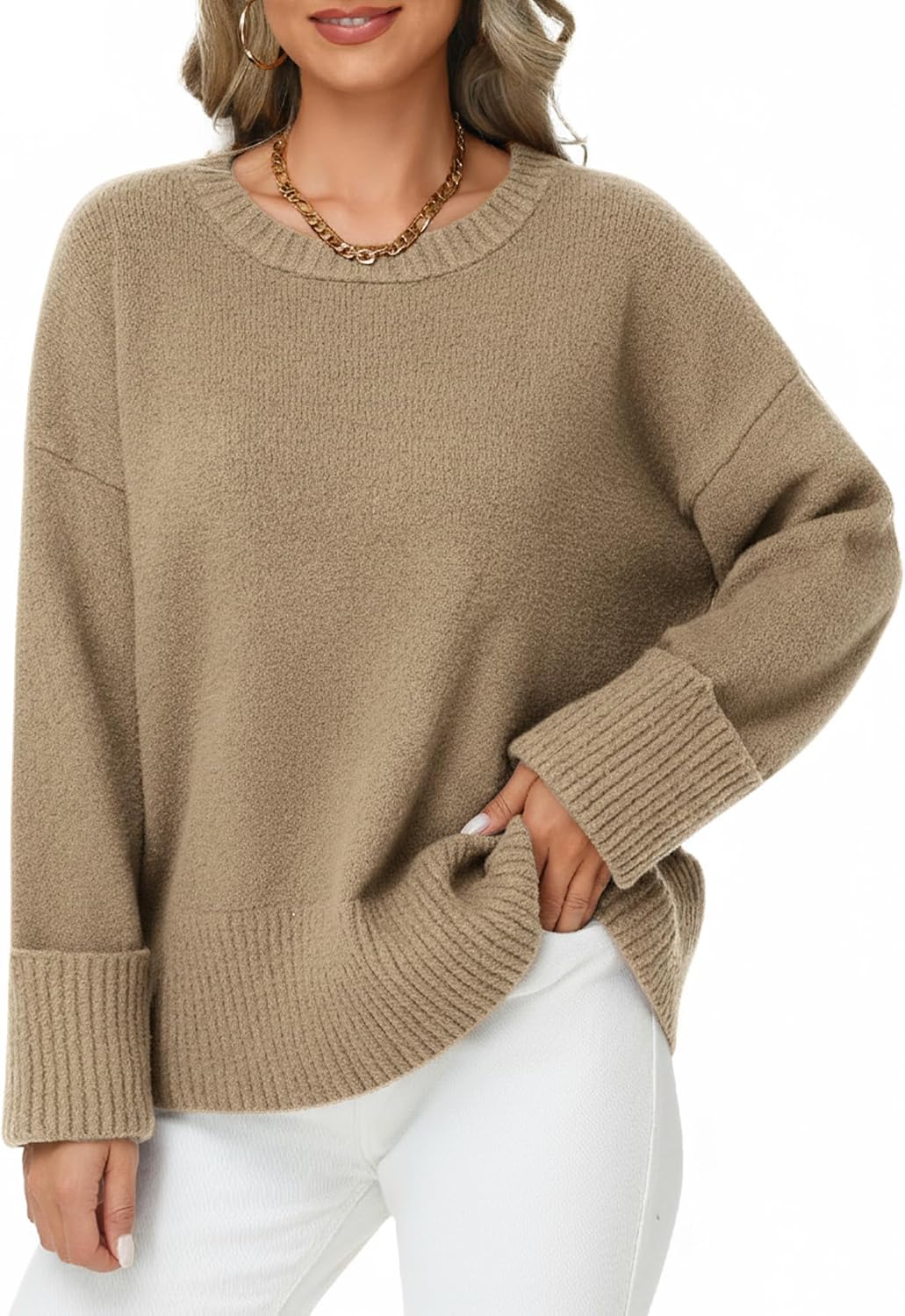 Women Oversized Sweater Casual Fuzzy Chunky Knit Pullover Long Sleeve Crew Neck Loose Sweater Warm Fall Winter Top