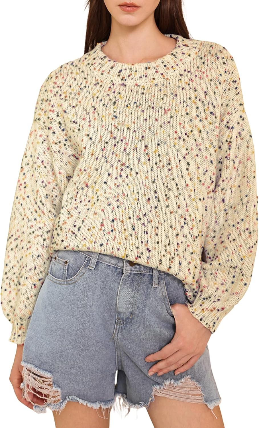 Womens Sweaters Oversized Rainbow Pom Chunky Sweater Colorful Long Sleeve Knit Pullover Tops