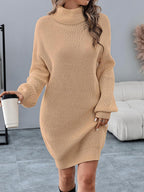 Women's Turtleneck Textured Lantern Sleeve Ribbed Knit Mini Dress Pullover Oversized Sweater Dresses S-XL