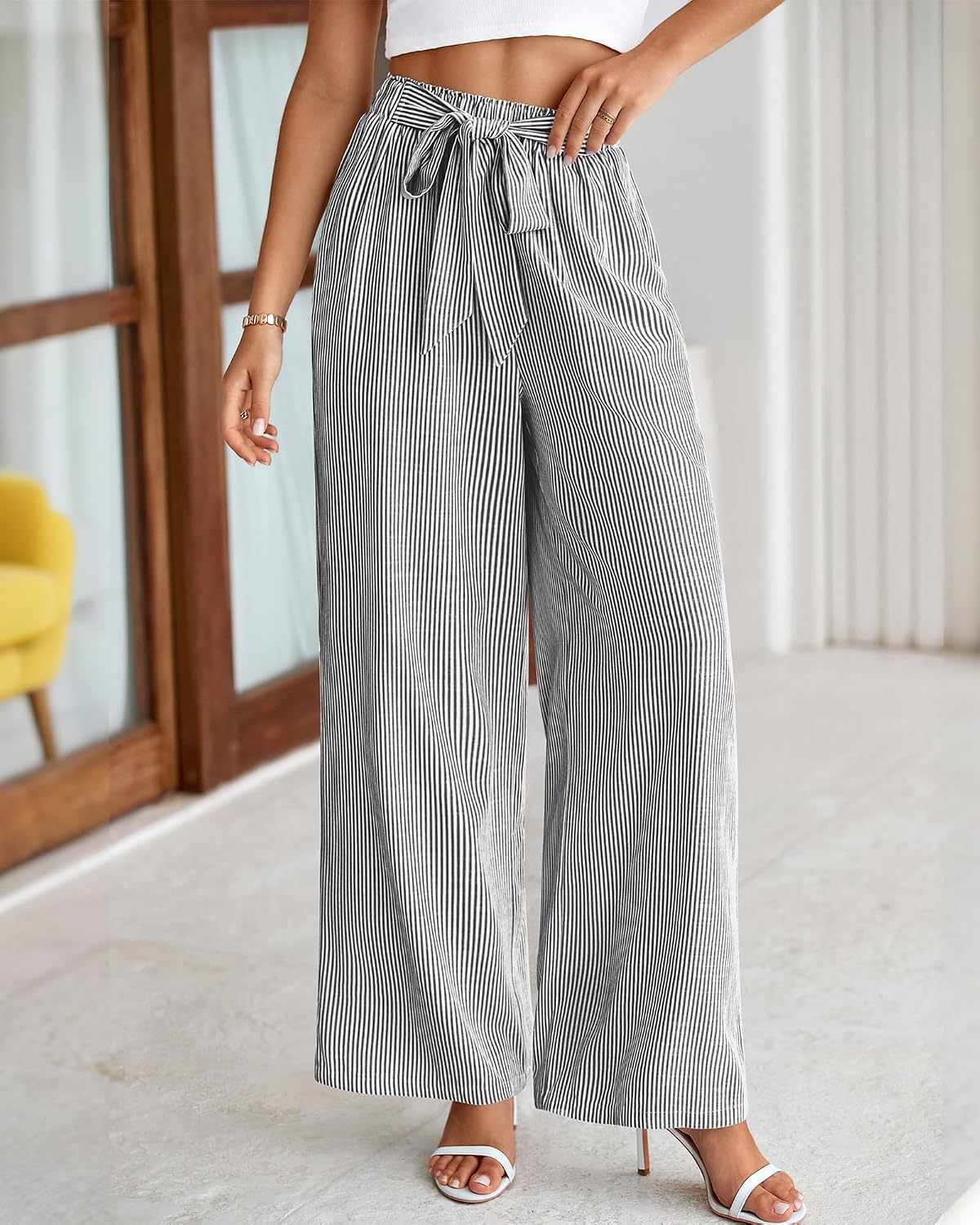 Pants for Women 2026 Spring Clothes Striped High Waist Tie Knot Dressy Casual Wide Leg Palazzo Work Trousers Pants