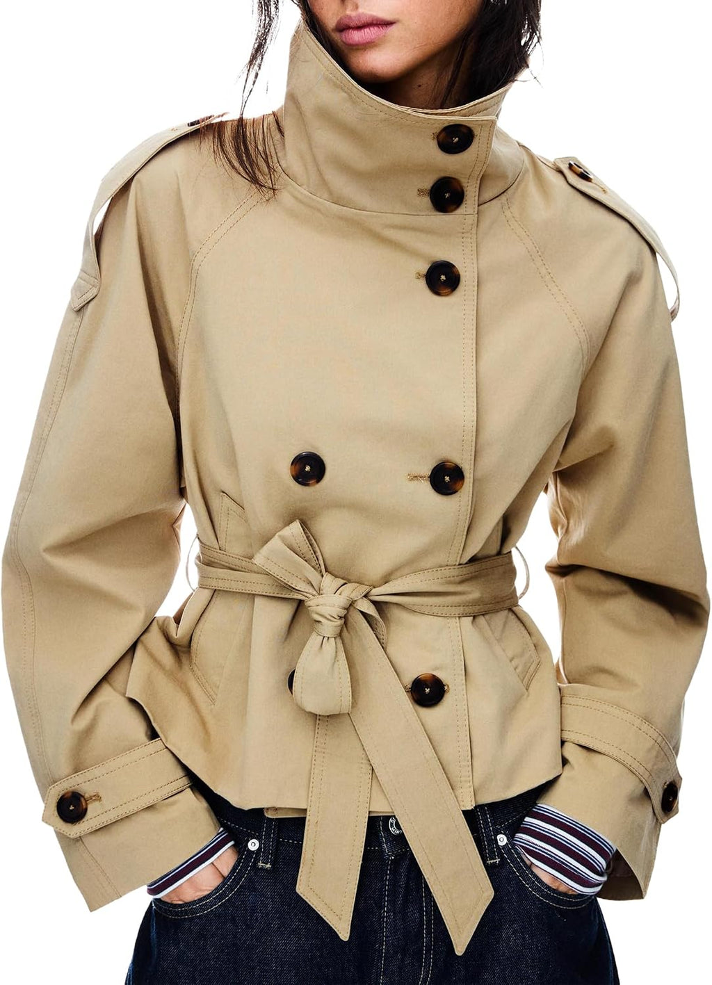 Women's Cropped Trench Coat Double Breasted Short Jacket High Collar Fall Winter Coats Trendy Outfit with Belt