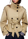 Women's Cropped Trench Coat Double Breasted Short Jacket High Collar Fall Winter Coats Trendy Outfit with Belt