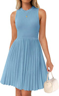 Women's Summer Sleeveless Mini Dress  Crewneck Knit A Line Pleated Swing Basic Short Dress