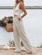 Womens Cotton Linen Pants Casual Button Up High Waisted Wide Leg Trousers