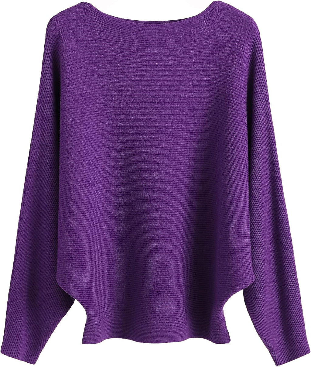 Womens Lightweight Oversized Boat Neck Sweaters Tops Dolman Batwing Sleeve Ribbed Knitted Pullovers