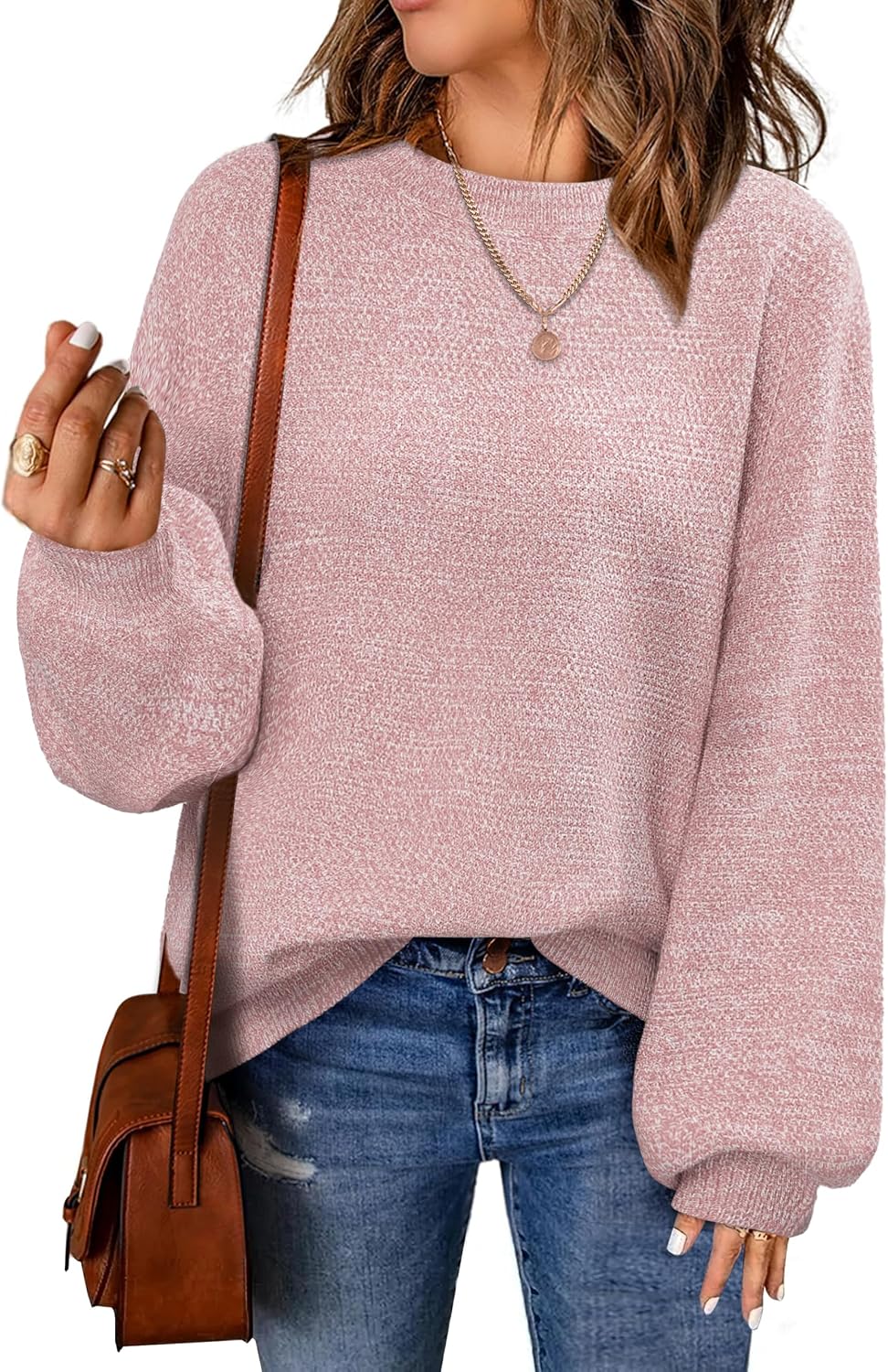 Women's Oversized Sweaters  Fall Trendy Long Sleeve Crew Neck Pullover Sweater Loose Heathered Knit Tops